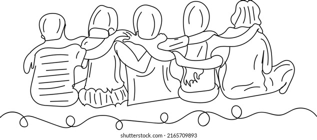 Outline sketch drawing of group of kids in sitting pose, Group of childhood friends sitting line art silhouette