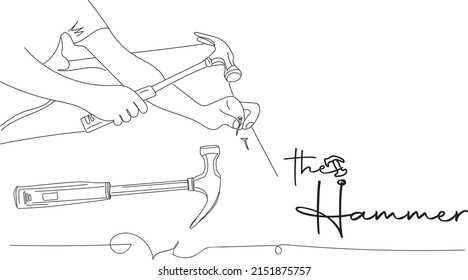 Outline sketch drawing of hammer in hand, hammer logo, line art illustration silhouette of hammer tool