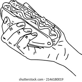 Outline sketch drawing of hand holding hot dog burger in hand, Fast food concept. Vector illustration., line art illustration of hot dog