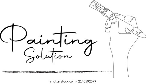 outline sketch drawing of hand holding paint brush, painting logo, paint logo, line art silhouette of paint brush in hand
