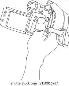 Outline sketch drawing of hand holding handycam, Line art vector illustration silhouette of video recording camera logo