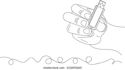 Outline sketch drawing of hand holding pen drive, line art illustration of hand showing computer pen drive