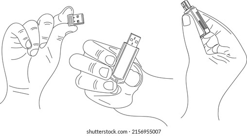 Outline sketch drawing of hand holding pen drive, Memory card chip, Wifi dongle, Tech logo silhouette