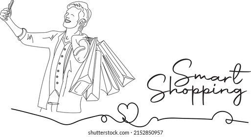 Outline sketch drawing of happy young boy holding shopping bag and taking selfie on his mobile phone, Shopping Logo, line art illustration of shopping boy