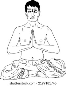 Outline Sketch Drawing Of Hindu Guru Pandit Doing Namaste Yoga Pose, Indian Man Doing Yoga Cartoon Doodle Drawing, Line Art Vector Silhouette Of Pandit Ji Doing Yoga Pose