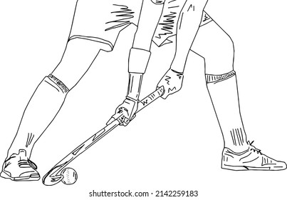 outline sketch drawing of hockey player, line art illustration of young boy taking penalty stroke in hockey match