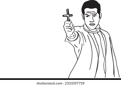 Outline sketch drawing illustration of A Young Catholic Priest Holds a Cross in Front of Him. the Concept of Driving Out the Devil and Evil Spirits