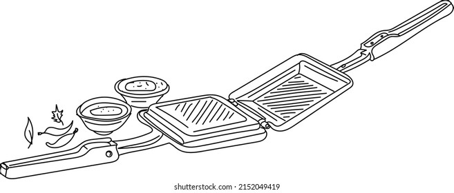 Outline sketch drawing of Indian Bread toast, line art illustration vector silhouette logo of bread toaster