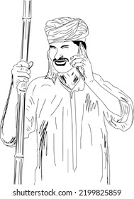 Outline sketch drawing of Indian farmer talking on mobile, Farmer holding cell phone silhouette vector, Farmer using mobile phone cartoon doodle drawing