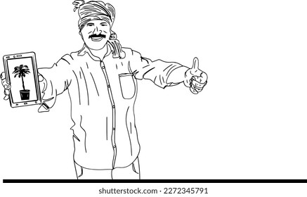 Outline sketch drawing of an Indian farmer sowing a farming app in his mobile. Village farmer using mobile app technology in his farming. Applications of smartphone-based sensors in agriculture