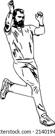 Outline sketch drawing of indian legend fast bowler action in cricket match, line art illustration of fast bowling action