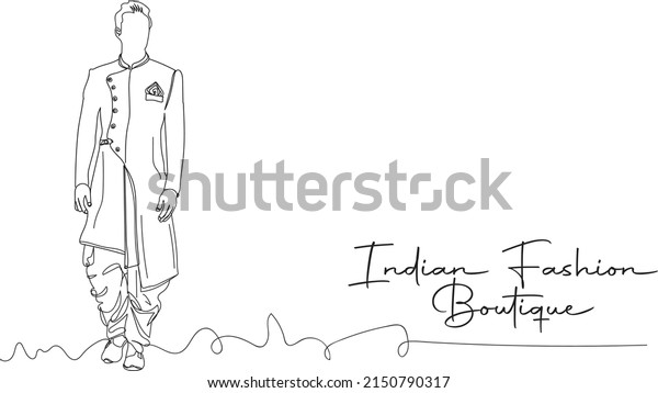 Outline sketch drawing of indian Man wearing\
Indian outfit Sherwani and dhoti, Indian Fashion Clothes\
Illustration, line art drawing of Indian\
Dress