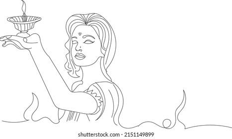 Outline sketch drawing of indian woman doing worship with lamp in hand in festival called deepak in hindi language session