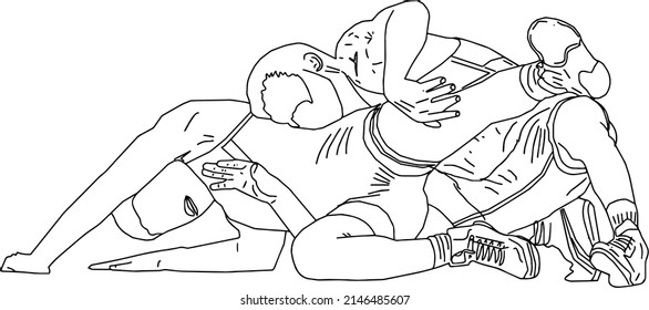 Outline sketch drawing of indian wrestling, line art illustration of wrestling players
