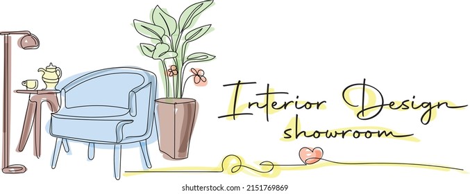 Outline sketch drawing of Interior Designing showroom, Interior designer logo, line art illustration vector silhouette of interior room furniture