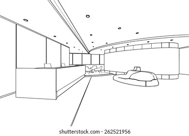 outline sketch drawing of a interior space