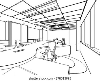 outline sketch drawing of a interior space office
