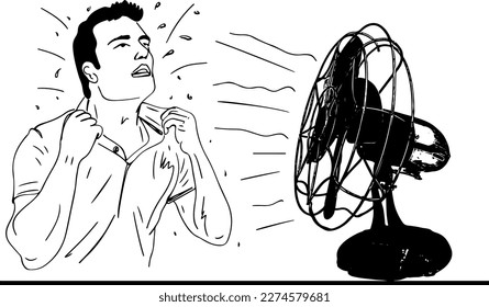 Outline sketch drawing of a man sweating and feeling heat in a hot summer condition. The man is trying to dry his sweat against the table fan's air.