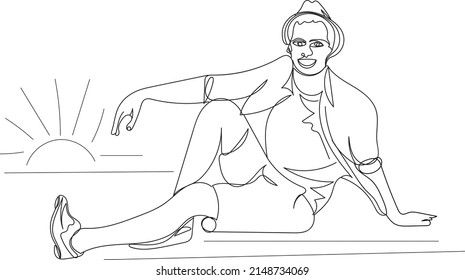 outline sketch drawing of man wearing casual summer vacation clothes sitting in stylish pose, Men casual wear Stock Illustrations