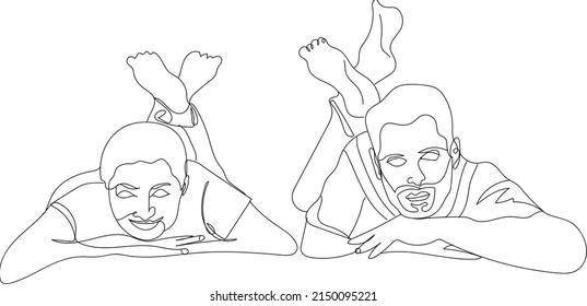 Outline sketch drawing of man and woman laying down in happy pose, line art illustration vector silhouette of husband and wife in funny pose