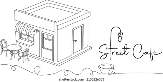 Outline Sketch Drawing Of Open Street Cafe, Line Art Illustration Vector Silhouette Of Street Corner Food Cafe