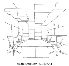 Outline sketch drawing and paint of a interior space, office,Meeting Room
