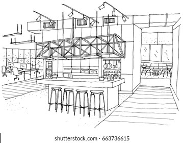 Outline sketch drawing and paint of a interior space, office,canteen