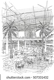 Outline sketch drawing and paint outdoor Space shopping mall