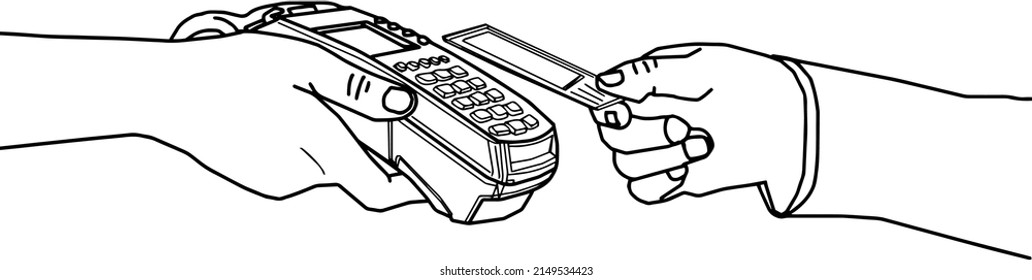 Outline sketch drawing of paying bill with credit card on credit card machine, line art vector illustration silhouette of credit card machine