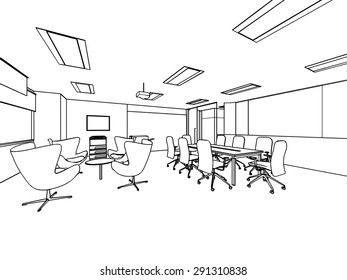 outline sketch drawing perspective of a interior space office