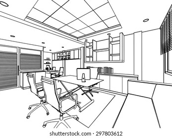 outline sketch drawing perspective of a interior space office