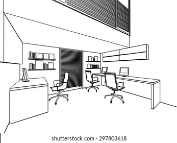 outline sketch drawing perspective of a interior space office