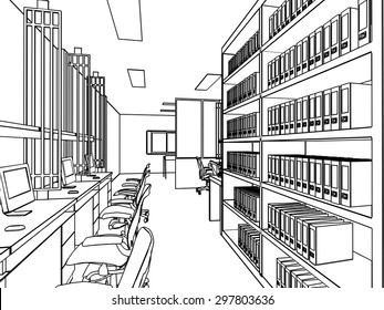 outline sketch drawing perspective of a interior space office