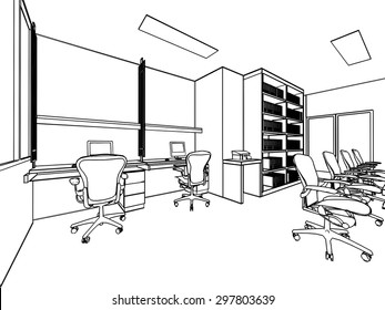 Esbozo Dibujo Perspectiva de una oficina de espacio interior