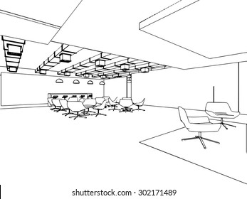 outline sketch drawing perspective of a interior space office