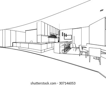 outline sketch drawing perspective of a interior space office