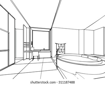 outline sketch drawing perspective of a interior space 