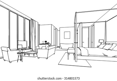 Outline Sketch Drawing Perspective Interior Space Stock Vector (Royalty ...