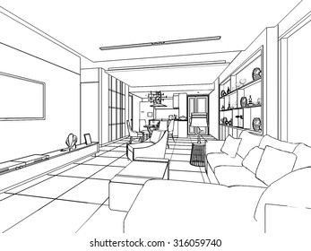 outline sketch drawing perspective of a interior space 