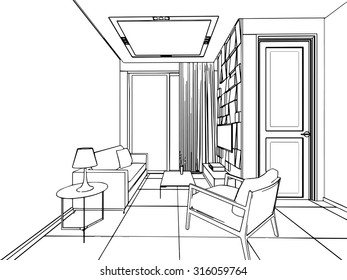 outline sketch drawing perspective of a interior space 