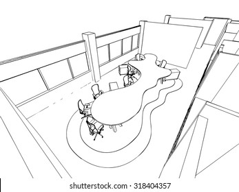 outline sketch drawing perspective of a interior space office