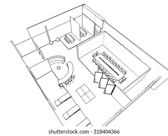 outline sketch drawing perspective of a interior space office