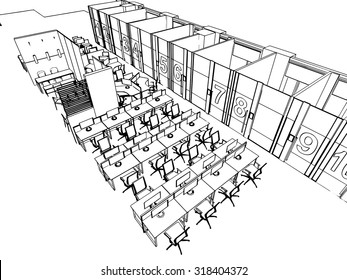 outline sketch drawing perspective of a interior space office