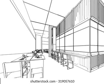 outline sketch drawing perspective of a interior space 