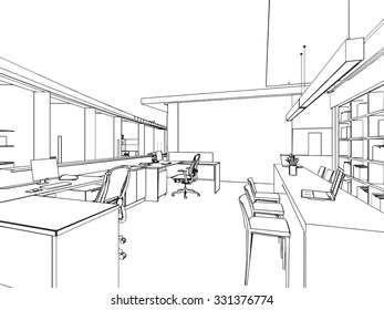 outline sketch drawing perspective of a interior space 
