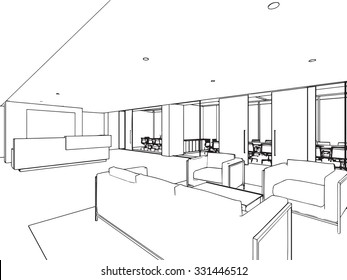 outline sketch drawing perspective of a interior space 