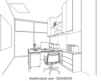 outline sketch drawing perspective of a interior space 