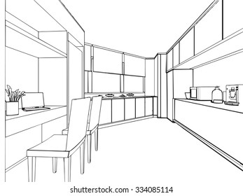 outline sketch drawing perspective of a interior space 