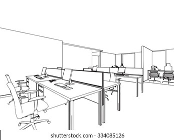 outline sketch drawing perspective of a interior space 