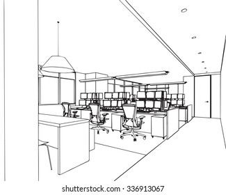 outline sketch drawing perspective of a interior space 